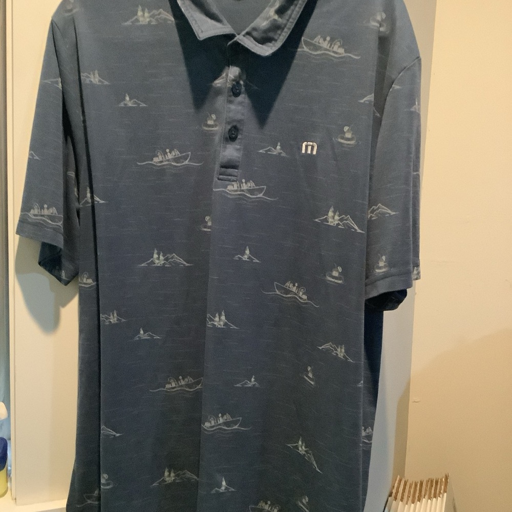 Travis Mathew Fun and Games Polo Shirt Mens Navy BOAT Print Short Sleeve Sz XXL